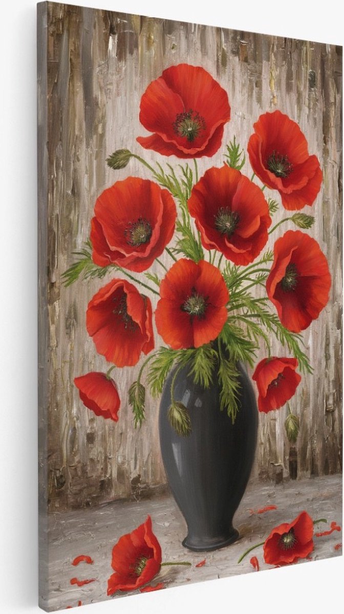 Saammp Canvas Schilderij - Rode Rozen In Vaas- Bloemen - Abstract - 60x90 - Foto op canvas - Wanddecoratie - Muurdecoratie Woonkamer - Kantoor Decoratie Multicolor