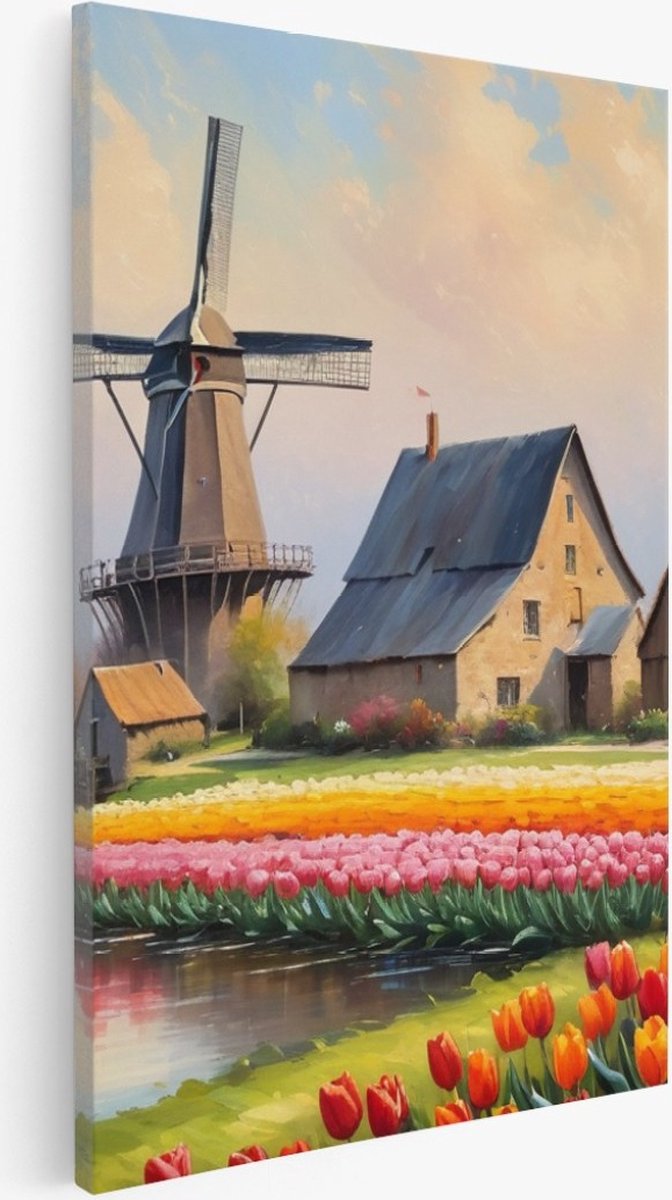 Saammp Canvas Schilderij - Landschap - Abstracte molen met tulpen - Natuur - 60x90 - Foto op canvas - Wanddecoratie - Muurdecoratie Woonkamer - Slaapkamer decoratie - Canvas Print Multicolor