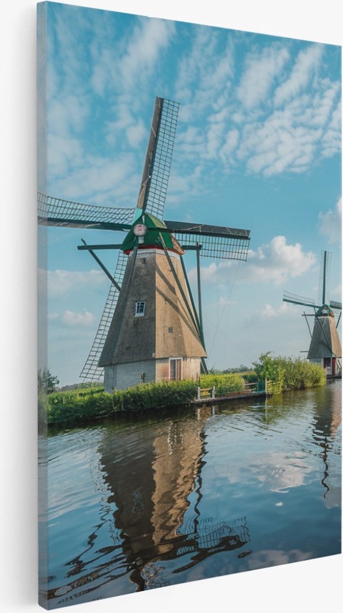 Saammp Canvas Schilderij -Molens op een rij - Zonsondergang - Landschap - Natuur - 100x150 - Foto op canvas - Wanddecoratie - Muurdecoratie Woonkamer - Slaapkamer decoratie - Canvas Print Multicolor