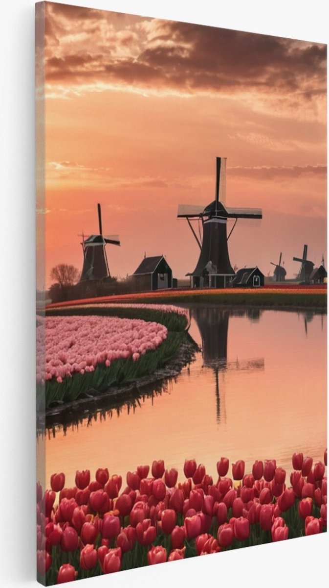 Saammp Canvas Schilderij - Landschap - bloemenveld met molens - Natuur - 40x60 - Foto op canvas - Wanddecoratie - Muurdecoratie Woonkamer - Slaapkamer decoratie - Canvas Print Multicolor