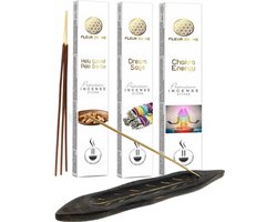 Premium Wierookstokjes - 3 Assortiment - 3 x 16 gram - Chakra Energy - Holy Wood Palo Santo - Dream Sage - Inclusief Houten Wierook Houder