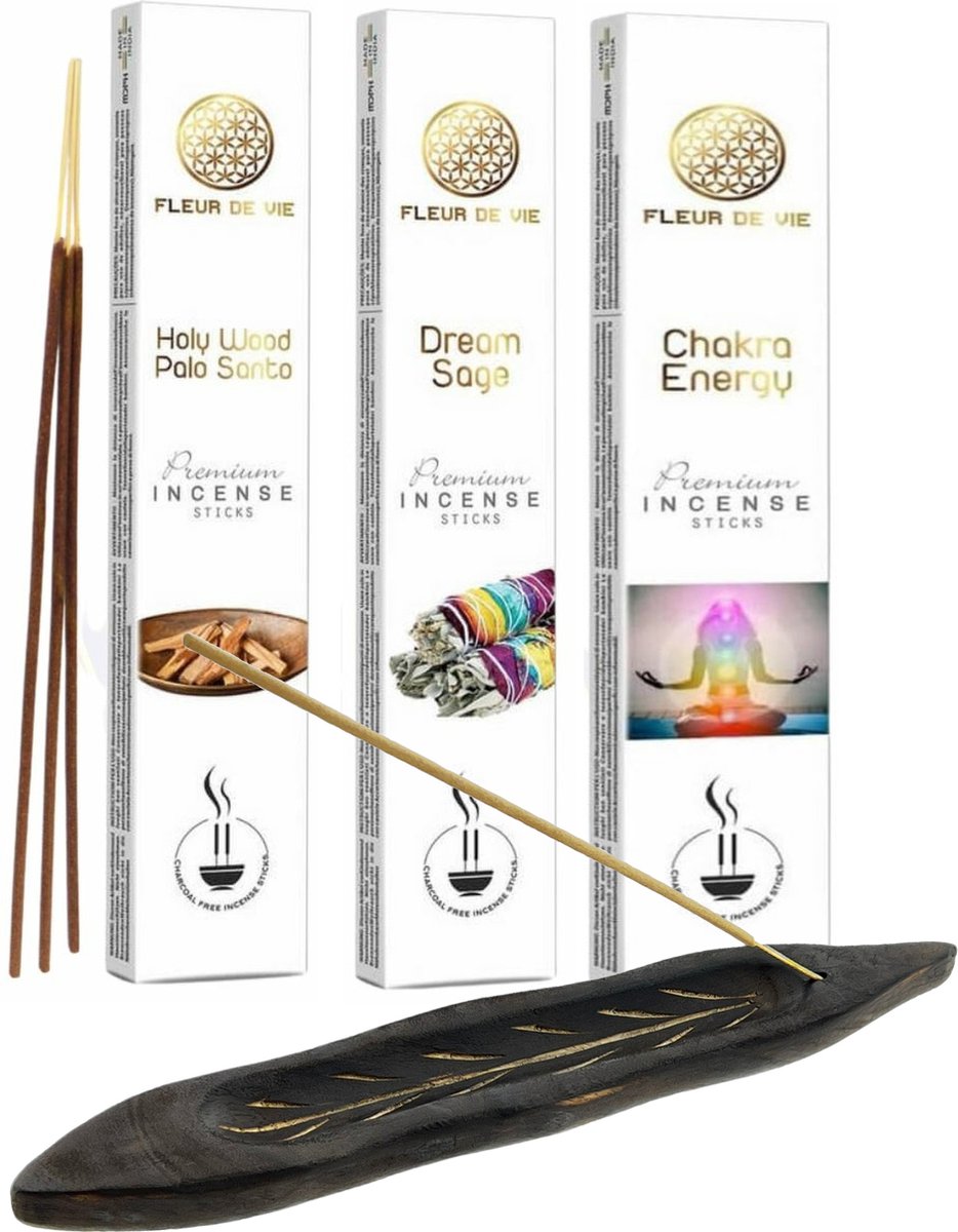 Fleur de Vie Premium Wierookstokjes - 3 Assortiment - 3 x 16 gram - Chakra Energy - Holy Wood Palo Santo - Dream Sage - Inclusief Houten Wierook Houder Bruin