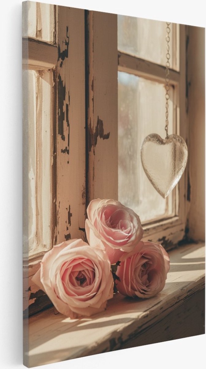 Saammp Canvas Schilderij - 3 Roze Rozen met glazen hart - Bloemen - Natuur - 40x60 - Foto op canvas - Wanddecoratie - Muurdecoratie Woonkamer - Kantoor Decoratie Multicolor