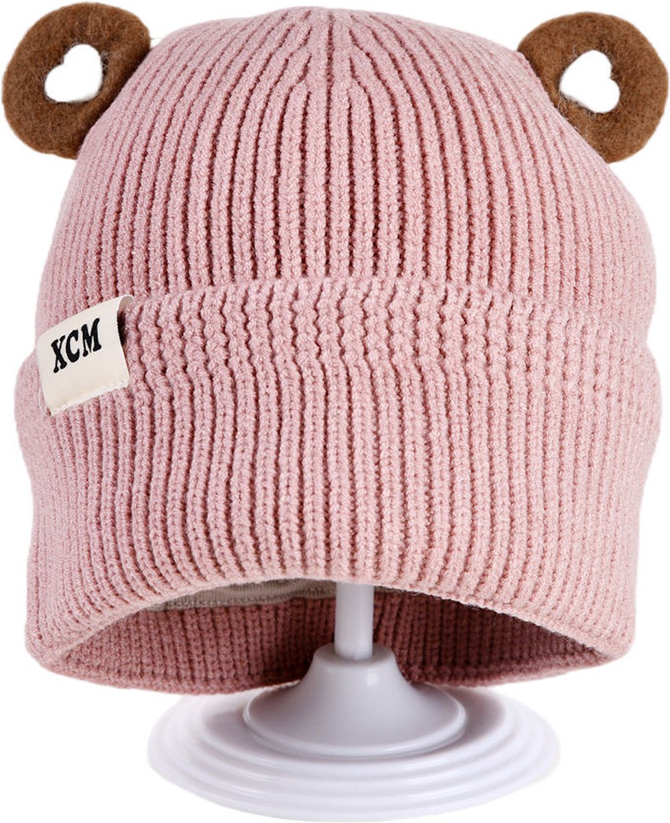 Decopatent XCM - Muts Kind - Kinder muts met Oren - Teddy Bear - 6 Maanden t/m 6 jaar - Maat 48/52 - Kindermutsen Jongens & Meisjes - Gebreide Muts met Binnenvoering - Muts Baby / Peuter / Kleuter - Wintermuts - Kleur: Roze