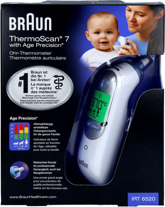 Braun ThermoScan 7 oorthermometer met Age Precision technologie. Weergave: 37.0°C. Doos met afbeelding van baby en vrouw.