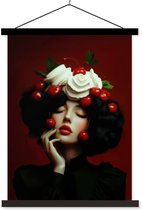 Posterhanger incl. Poster 90x120 cm - Schoolplaat - Vrouw - Kersen - Slagroom - Textielposter - Zwarte latten