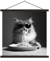 Posterhanger incl. Poster 90x90 cm - Schoolplaat - Langharige kat - Zonnebril - Spaghetti - Humor - Zwart - wit - Textielposter - Zwarte latten