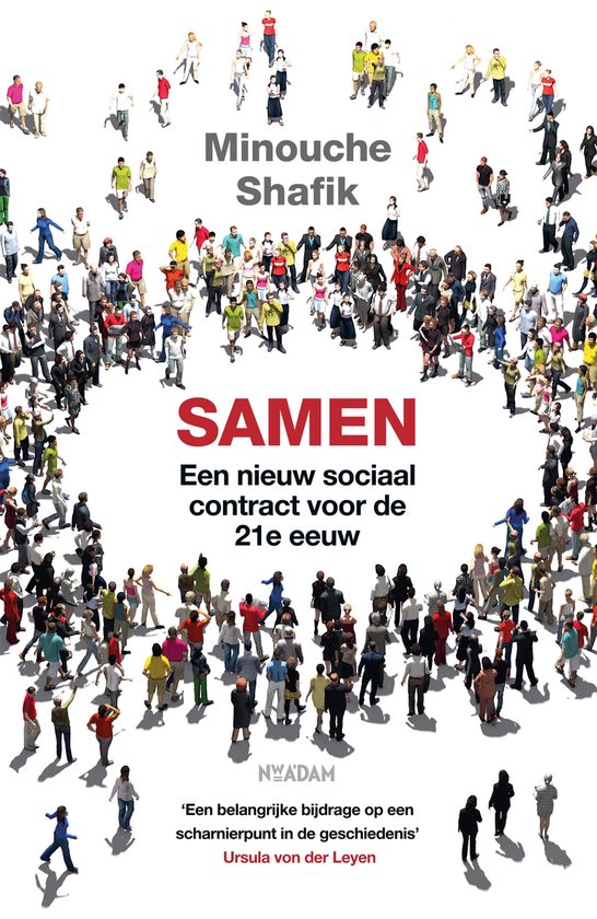 Boekomslag met veel kleine figuren, tekst 'Samen Een nieuw sociaal contract voor de 21e eeuw' en 'Minouche Shafik'.