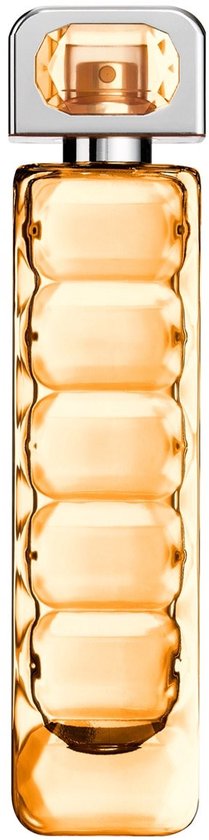 Gouden, sculpturale Hugo Boss Orange Eau de Toilette 75ml fles met een gekantelde dop.