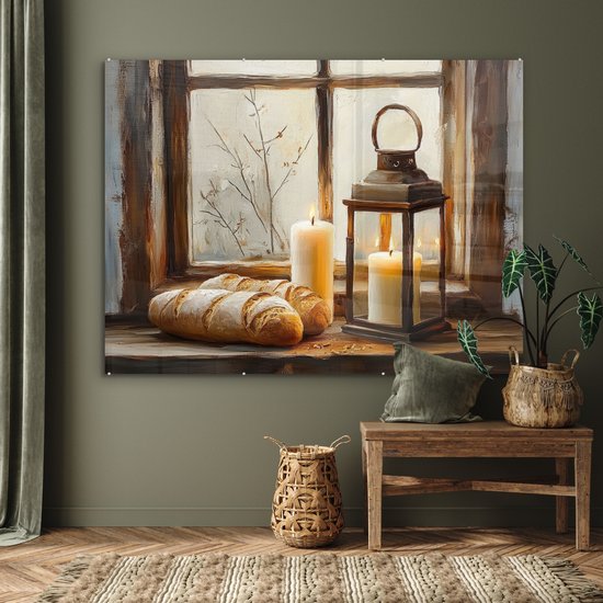 MuchoWow® Peinture sur verre 160x120 cm - Peinture sur verre acrylique - Nature morte - Rustique - Bougies - Pains - Fenêtre - Photo sur verre - Décoration murale salon - Décoration murale chambre - Peintures