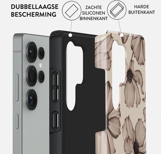Uitsnede van telefoonhoes met beige achtergrond en bloemenprint, met zachte binnenkant.