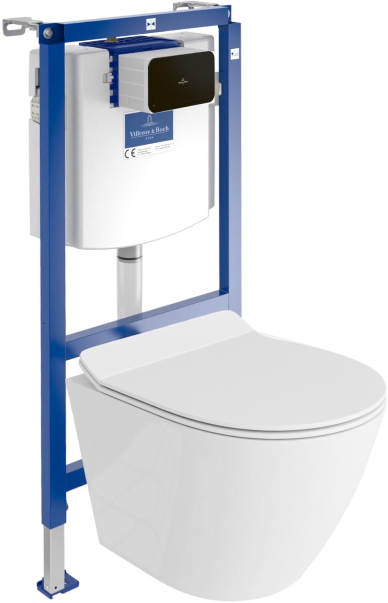 VILLEROY&BOCH VICONNECT SOGO SLIM - Inbouwreservoir WC - Zwarte drukplaat - Rimless wandcloset Hoogglans - Set WC