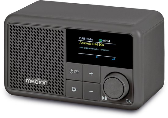 MEDION S66822 Draagbare mini DAB+ radio met Bluetooth (oplaadbare batterij, dimbaar kleurenscherm, telescopische antenne, sleeptimer, wekker, sluimerstand, AUX, USB-C) grijs