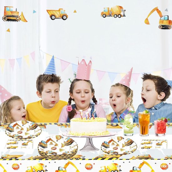 81-Piece Constructie Site Verjaardagsdecoratieset Voor 16 Gasten Graafmachine Feest Tafelgerei Kinderen Verjaardagsfeest Set Met Kartonnen Borden Kartonnen Bekers Servetten Jongens Verjaardags