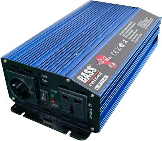 Spanningsomvormer 12V->230V 1000/2000W volledige sinus