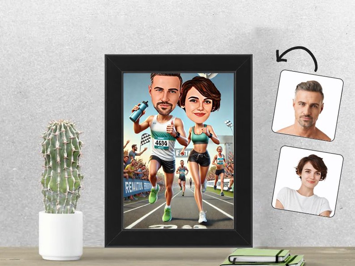 Sportief Stel Rent Samen een Marathon - Gepersonaliseerde Karikatuur Fotolijst 13x18 cm - Gepersonaliseerd Cadeau - Met Jouw Foto - Verjaardag - Kerst - Valentijn - Uniek en Handgemaakt - Cadeau - Verjaardag - Kerst - Kado - Valentijn - Huwelijk - Mo