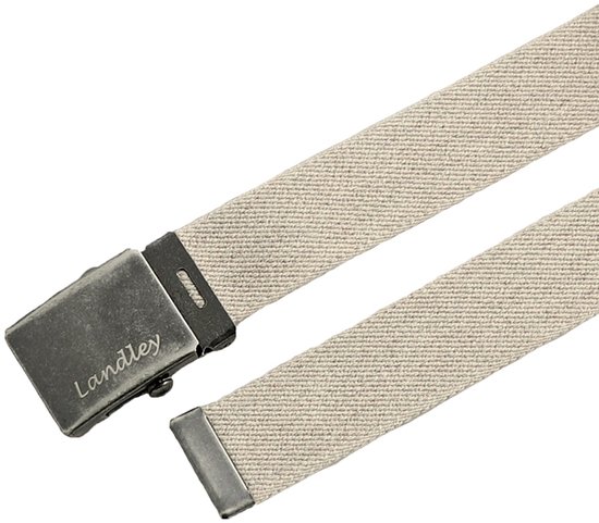 Beige canvas riem met een metalen schuifgesp met de tekst 'Landley'.
