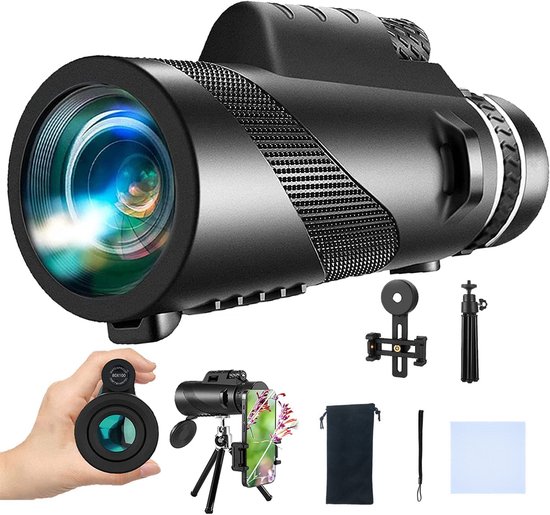 Jumelles - TÉLESCOPE 80*100 - Avec support de téléphone, trépied et étui - Puissant télescope à prisme BAK4 - Pour l'observation des étoiles, les voyages, le camping, la randonnée - 16x5CM