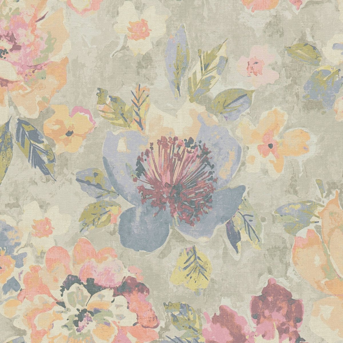 Bloemen behang Profhome 396072-GU vliesbehang hardvinyl warmdruk in reliëf licht gestructureerd in aquarel stijl mat grijs zuurstokroze blauw geel 5,33 m2