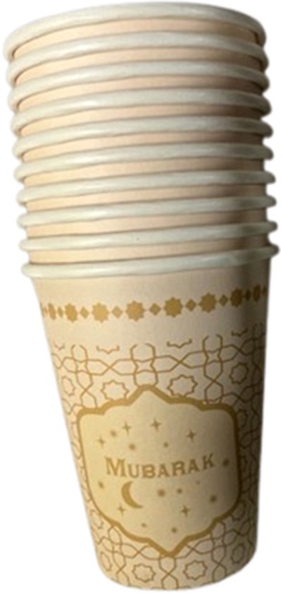 Set de Fête Eid Mubarak avec assiettes et tasses - Set de 10 - Crème / Or - Ø 23 cm - 250 ml - Coffret de Fête - Ramadan