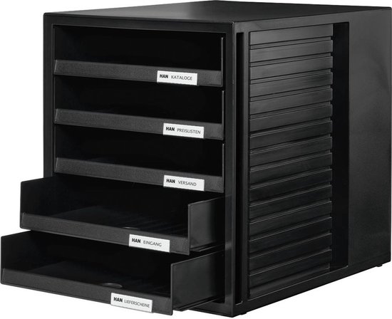 Zwarte archiefkast met 6 laden, labels: HAN KATAloge, HAN PREISlisten, HAN VERSAND, HAN EINGANG, HAN LIEFERSCHEINE.