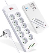 DynaBright Stekkerdoos met Schakelaar - 2 Meter Verlengsnoer - Stekkerdoos met USB en USB-C - 16-voudig - Overspanningsbeveiliging - Wit