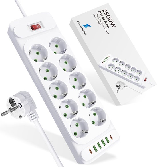 DynaBright Multiprise avec interrupteur - Câble d'extension de 2 mètres - 16 prises - Multiprise avec USB - Protection contre les surtensions - Wit