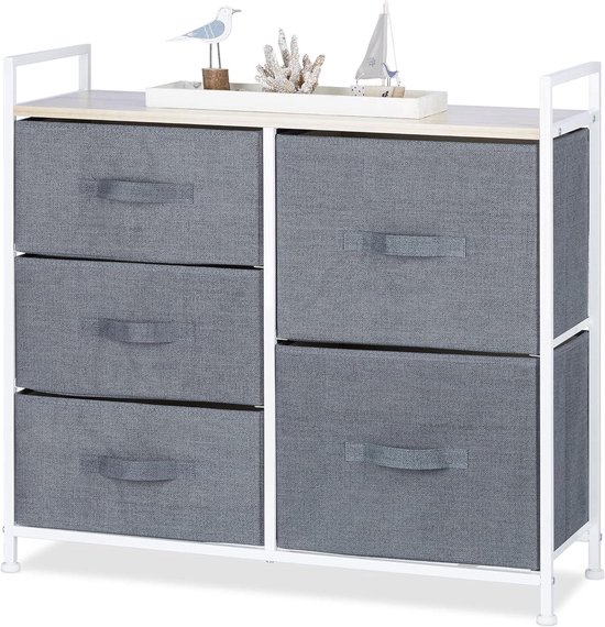 Relaxdays ladekast, met 5 stoffen lades, metaal en hout, ladeblok