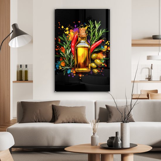 MuchoWow® Glasschilderij 80x120 cm - Schilderij acrylglas - Olijfolie - Graffiti - Peper - Olijven - Modern - Foto op glas - Muurdecoratie woonkamer - Wanddecoratie slaapkamer - Schilderijen