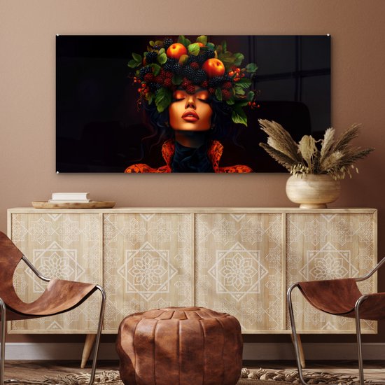 MuchoWow® Glasschilderij 120x60 cm - Schilderij acrylglas - Vrouw - Zwart - Bessen - Bramen - Appels - Foto op glas - Muurdecoratie woonkamer - Wanddecoratie slaapkamer - Schilderijen