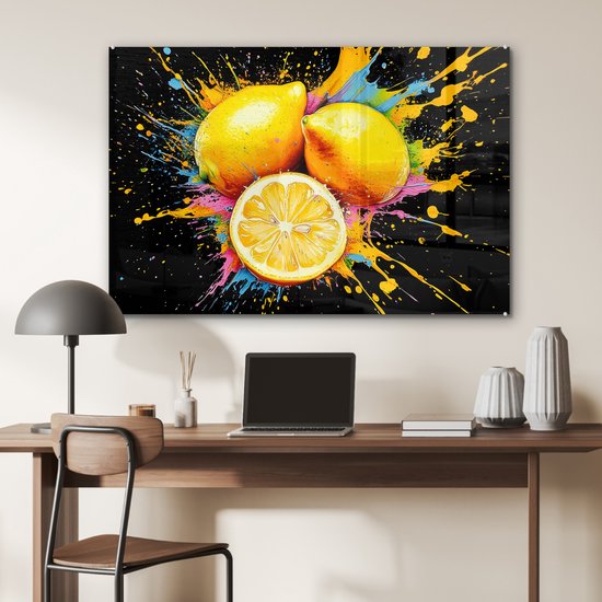 MuchoWow® Glasschilderij 120x80 cm - Schilderij acrylglas - Citroen - Graffiti - Kleurrijk - Verf - Modern - Foto op glas - Muurdecoratie woonkamer - Wanddecoratie slaapkamer - Schilderijen