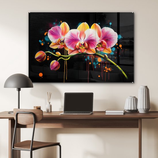 MuchoWow® Tableau sur verre 120x80 cm - Tableau sur verre acrylique - Orchidée - Graffiti - Coloré - Fleurs - Abstrait - Photo sur verre - Décoration murale salon - Décoration murale chambre - Peintures