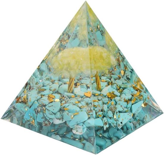Mlysnd Orgon piramide, kristallen orgoniet piramide, harspyramide met kristallen ingelegde amethistbal en Oost-Indische kers, tafeldecoratie