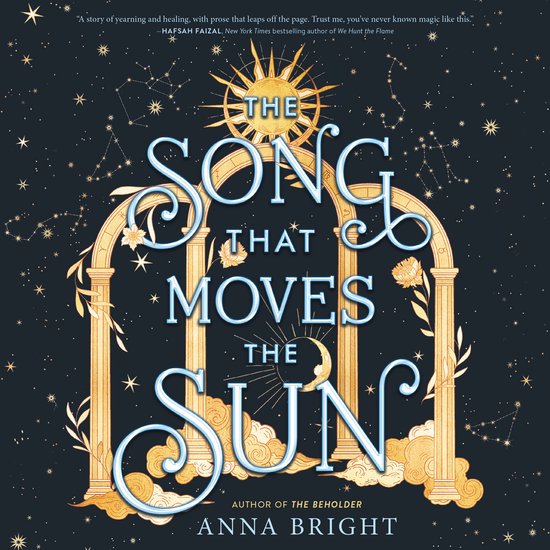 La couverture du livre 'The Song That Moves the Sun' avec un soleil doré, des arches, des étoiles et la lune.
