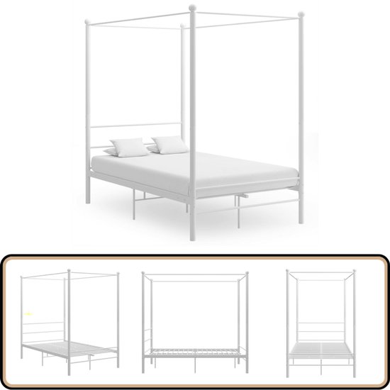 vidaXL Hemelbedframe Wit 140x200 cm - Stijlvol Metaal Hemelbed - Metalen Bed - Bedframe - Tweepersoonsbed - Wit Bed