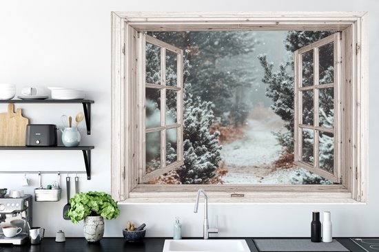 Stickers muraux - Film autocollant - Forêt - Hiver - Arbres - Nature - Chemin - Vue - Wit - 160x120 cm - Film adhésif - Stickers muraux chambre enfant - Papier peint autocollant XXL - Papier peint autocollant - Film autocollant