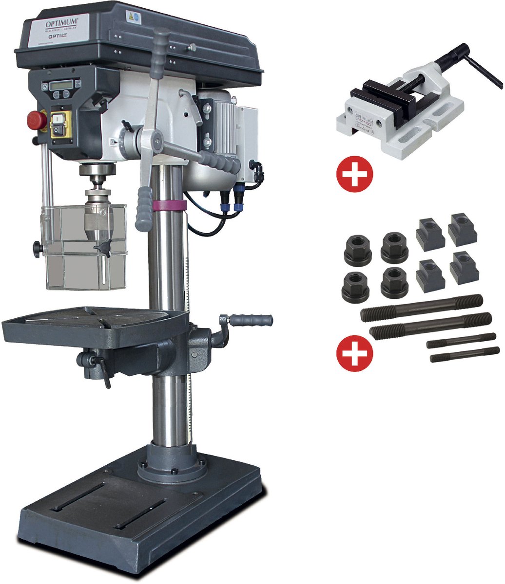 Tafelboormachine boren tot ø25 mm opname MK2 750W 230V digitale weergave 12 snelheden + boorklem + set spanbouten Optidrill D23PRO 230V PACK
