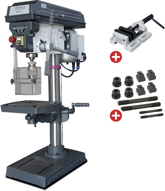 Kolomboormachine met digitale weergave, 12 snelheden en een werktafel. Rechts ernaast een werkplaatklem, set spanbouten, moeren en klemblokken.