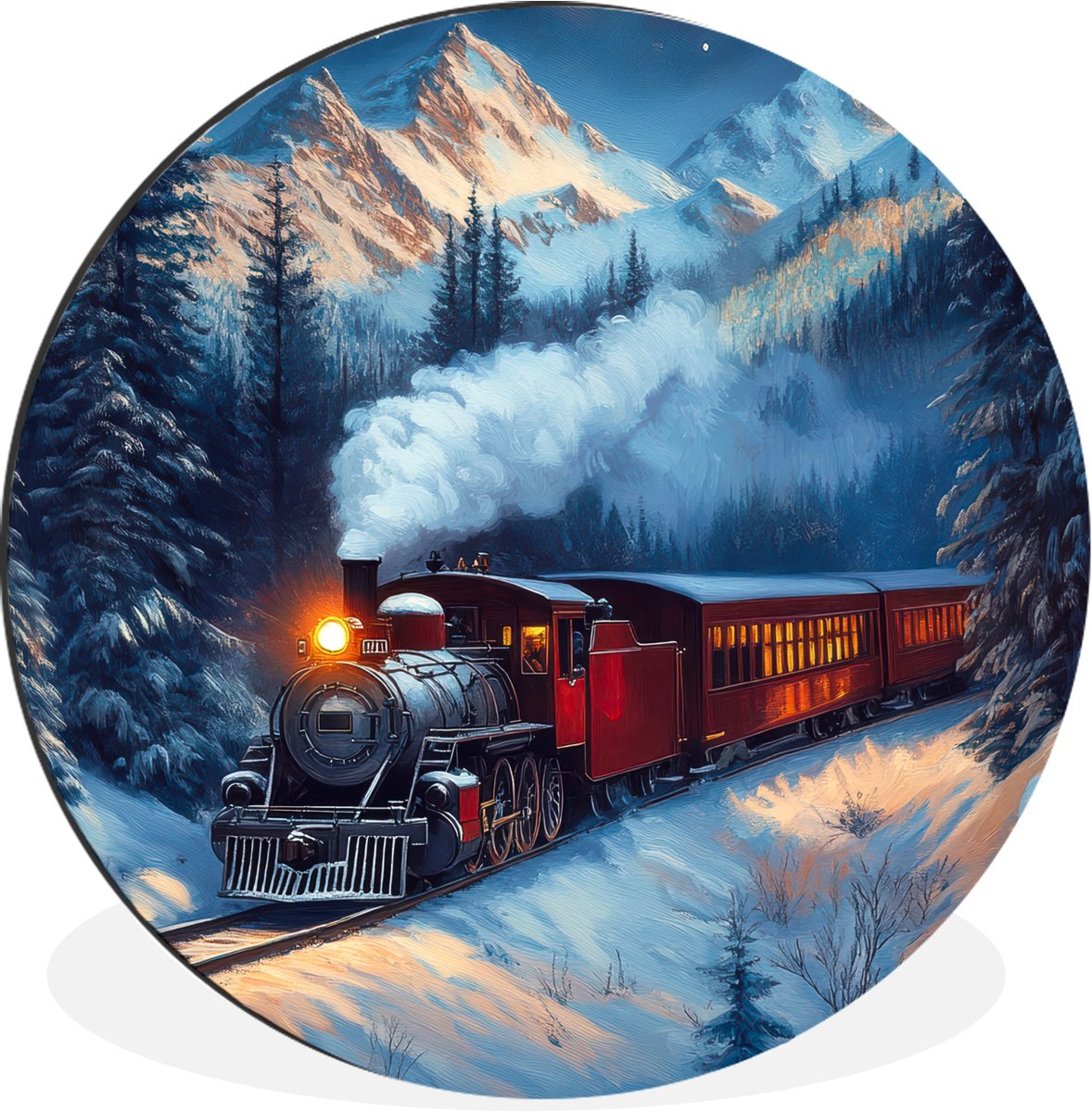 WallCircle Wandcirkel - Muurcirkel - Trein - Kerst - Sneeuw - Kersttrein - Aluminium - Dibond - 30x30 cm - Binnen en Buiten Stoomtrein