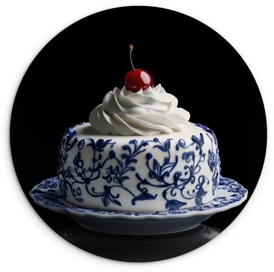 WallCircle® Cercle mural 30x30 cm - Cercle mural Gâteau - Crème fouettée - Cerise - Assiette - Bleu de Delft - Décoration murale salon - Décoration murale chambre - Accessoires de décoration de chambre - Tableaux ronds