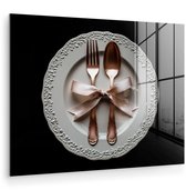 MuchoWow® Glasschilderij 120x90 cm - Schilderij acrylglas - Rose - Strik - Bestek - Foto op glas - Muurdecoratie woonkamer - Wanddecoratie slaapkamer - Schilderijen