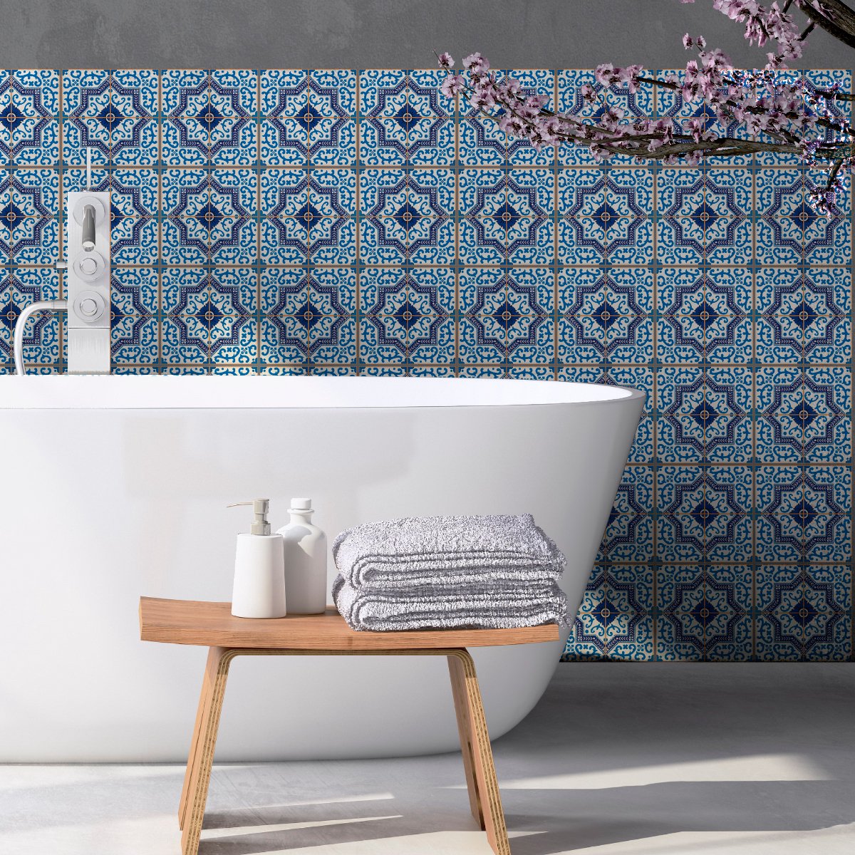 Ambiance Sticker Zelfklevende tegelmuurstickers voor keuken en badkamer - 9 cementtegelstickers, Azulejos Aurelio - 9 stickers, 15x15cm Multi color