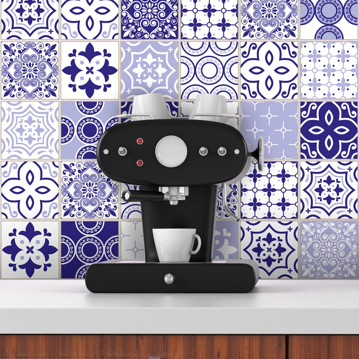 Ambiance Sticker Zelfklevende muurstickers met Mykonos cementtegelmotief voor keuken en badkamer - 30 stickers van 20x20 cm Multi color
