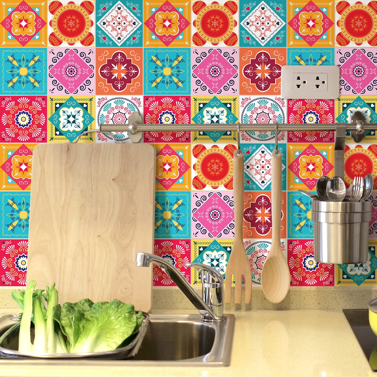 Ambiance Sticker Zelfklevende tegelmuurstickers voor keuken en badkamer - 9 cementtegelstickers, Azulejos Renatio-stijl - 9 stickers, 15x15 cm Multi color