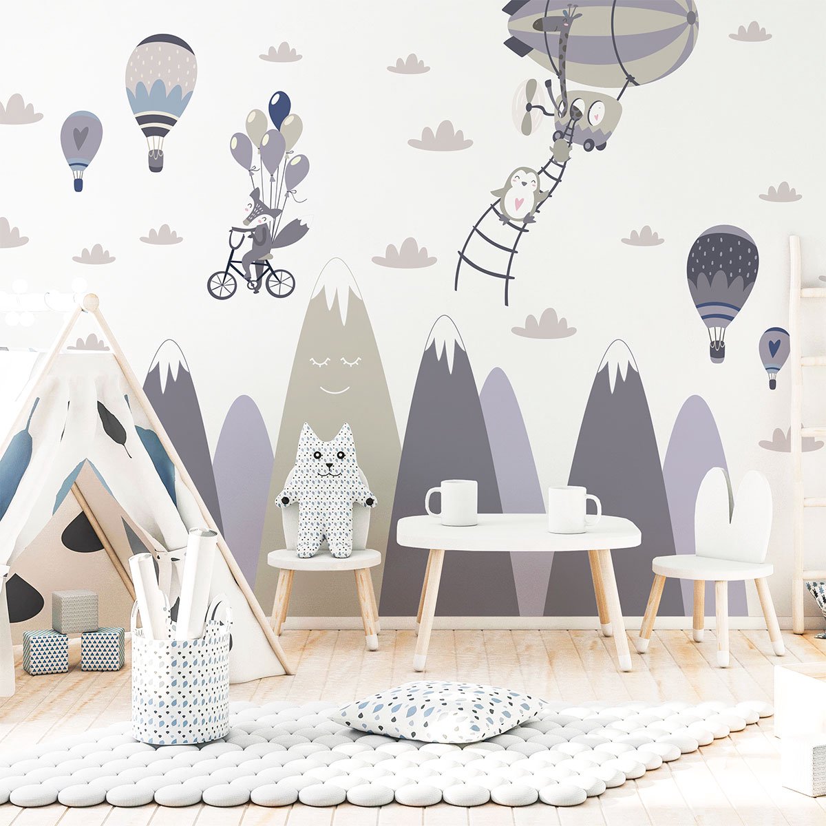 Kinderstickers met Scandinavische bergen en gekke dieren, 90 x 135 cm
