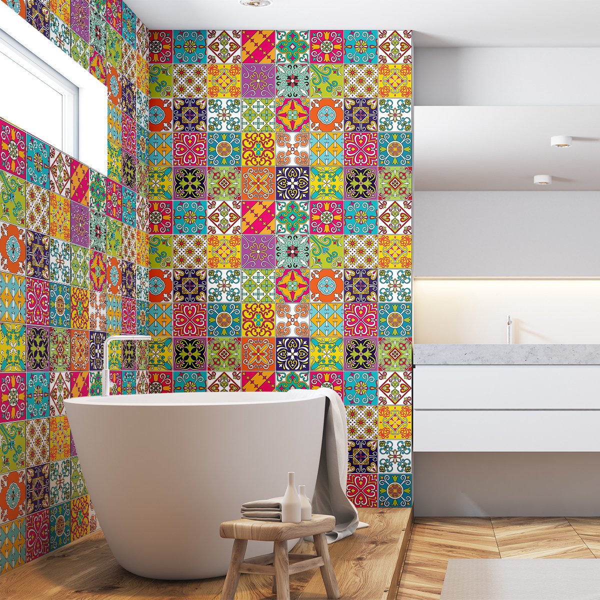 Ambiance Sticker Zelfklevende tegelmuurstickers voor keuken en badkamer - 60 cementtegelstickers, Azulejos Nicolo-stijl - 60 stickers, 10x10 cm Multi color