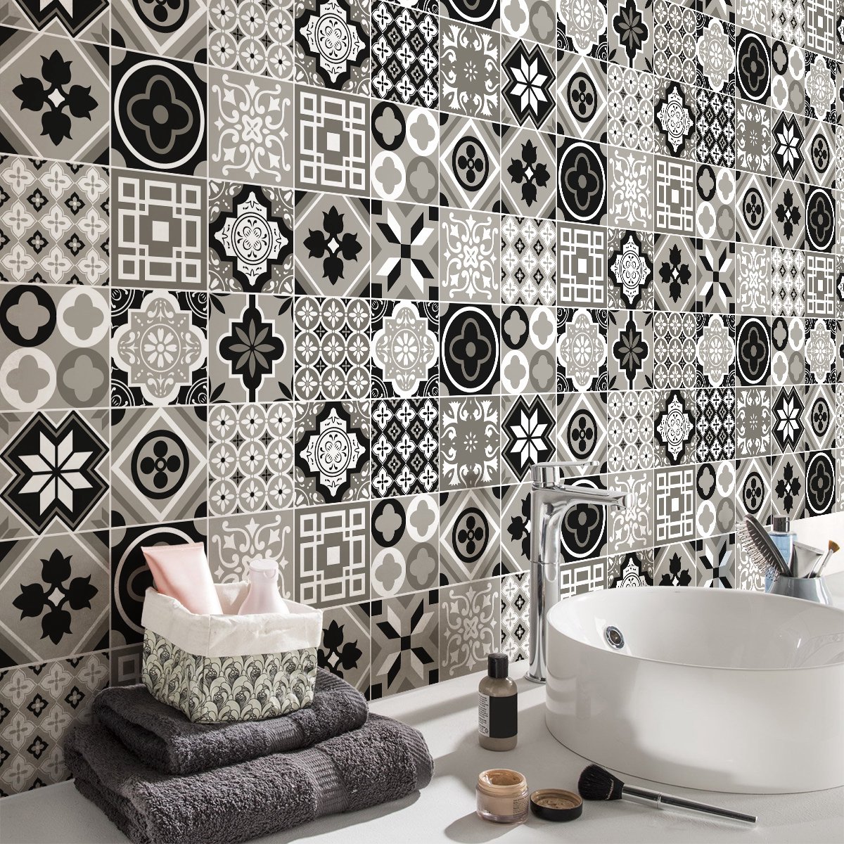 Ambiance Sticker Zelfklevende tegelmuurstickers voor keuken en badkamer - 24 cementtegelstickers, Azulejos Venessa-stijl - 24 stickers, 15x15 cm Multi color