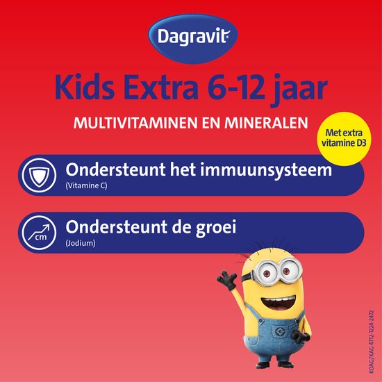 Tekst: "Kids Extra 6-12 jaar Multivitaminen en Mineralen", met een Minion en ondersteuning van immuunsysteem en groei.