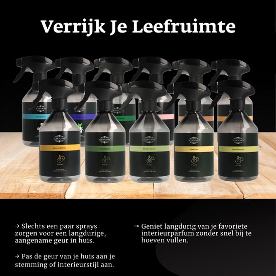 Twaalf Scentchips interieursprays met spuitkop op een houten ondergrond. Tekst: Verrijk je leefruimte.