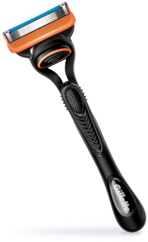 Zwarte Gillette Fusion 5 scheerkop met oranje accenten en 5 blauwe mesjes.